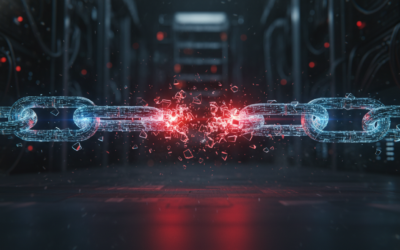 Digital supply chain security breach concept with broken chain links and alert glow