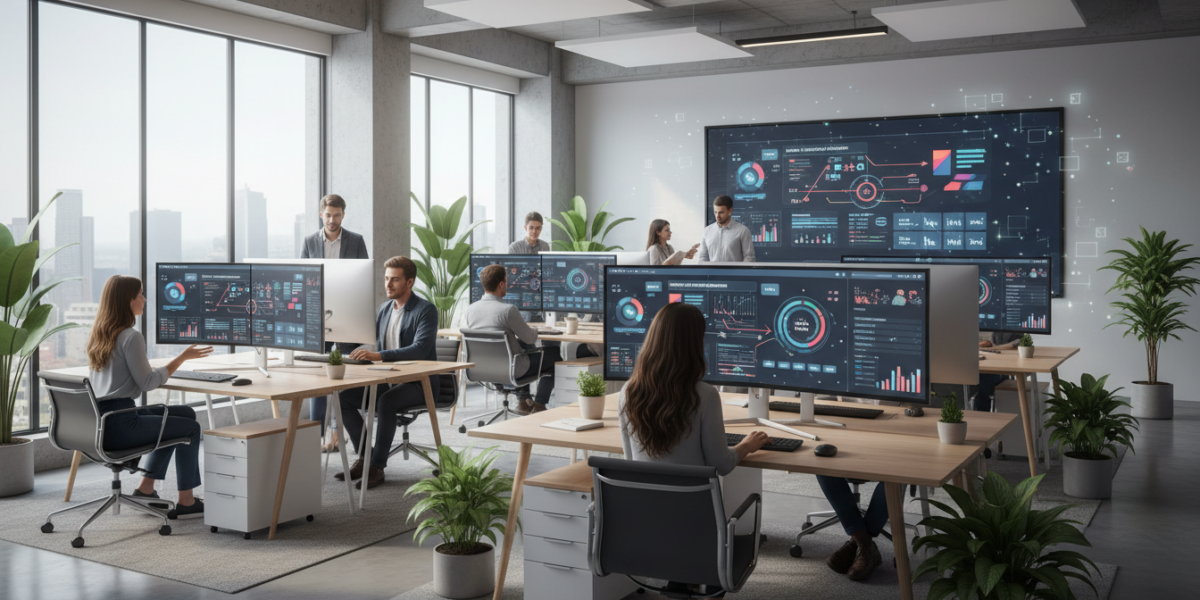 AI sales automation tools dashboard showing team collaboration and analytics in a modern office setting