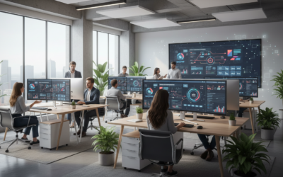 AI sales automation tools dashboard showing team collaboration and analytics in a modern office setting