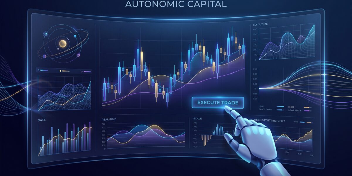 A futuristic digital interface displaying live market data for cryptocurrency perpetual futures, with a robotic arm executing a trade, symbolizing automated trading on Hyperliquid.