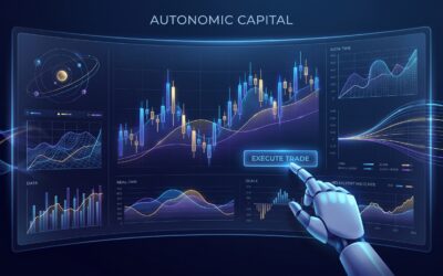 A futuristic digital interface displaying live market data for cryptocurrency perpetual futures, with a robotic arm executing a trade, symbolizing automated trading on Hyperliquid.