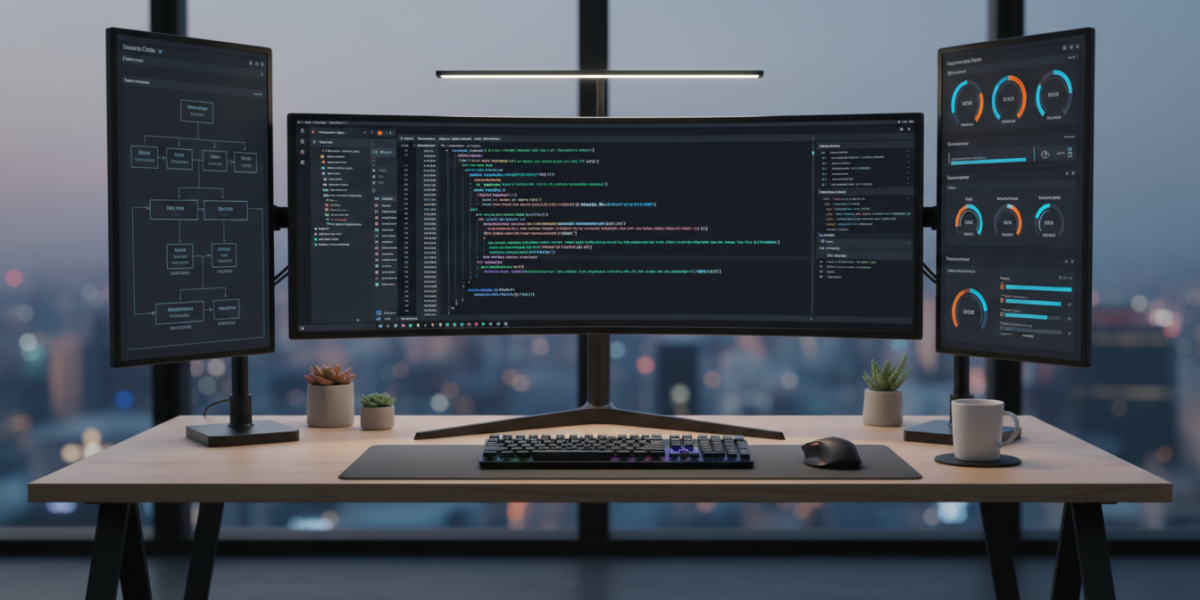 Developer workspace with coding and automation tools on multiple screens