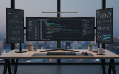 Developer workspace with coding and automation tools on multiple screens