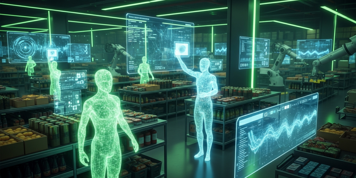 AI agents, depicted as abstract digital forms, efficiently managing operations within a modern food distribution center, with robotic elements and digital interfaces.