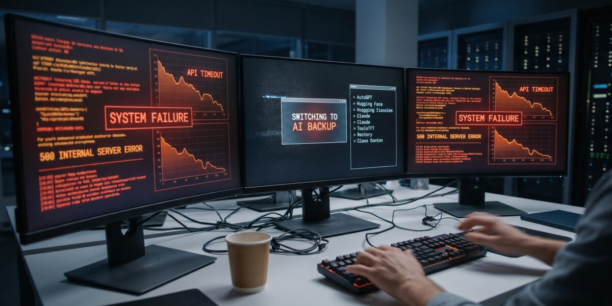 Developer responding to AI service outage with multiple monitoring screens and alternative tools