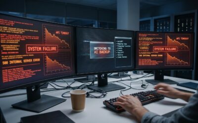 Developer responding to AI service outage with multiple monitoring screens and alternative tools