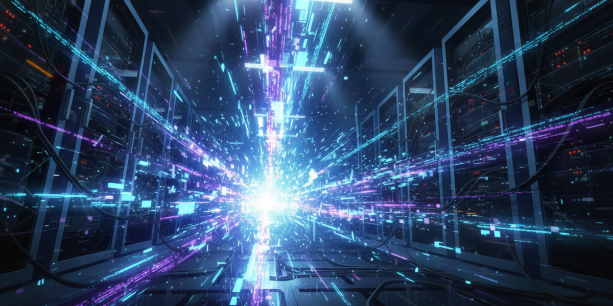 Conceptual visualization of a source code leak with glowing fragmented data and digital security breach symbolism