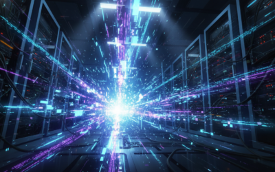 Conceptual visualization of a source code leak with glowing fragmented data and digital security breach symbolism