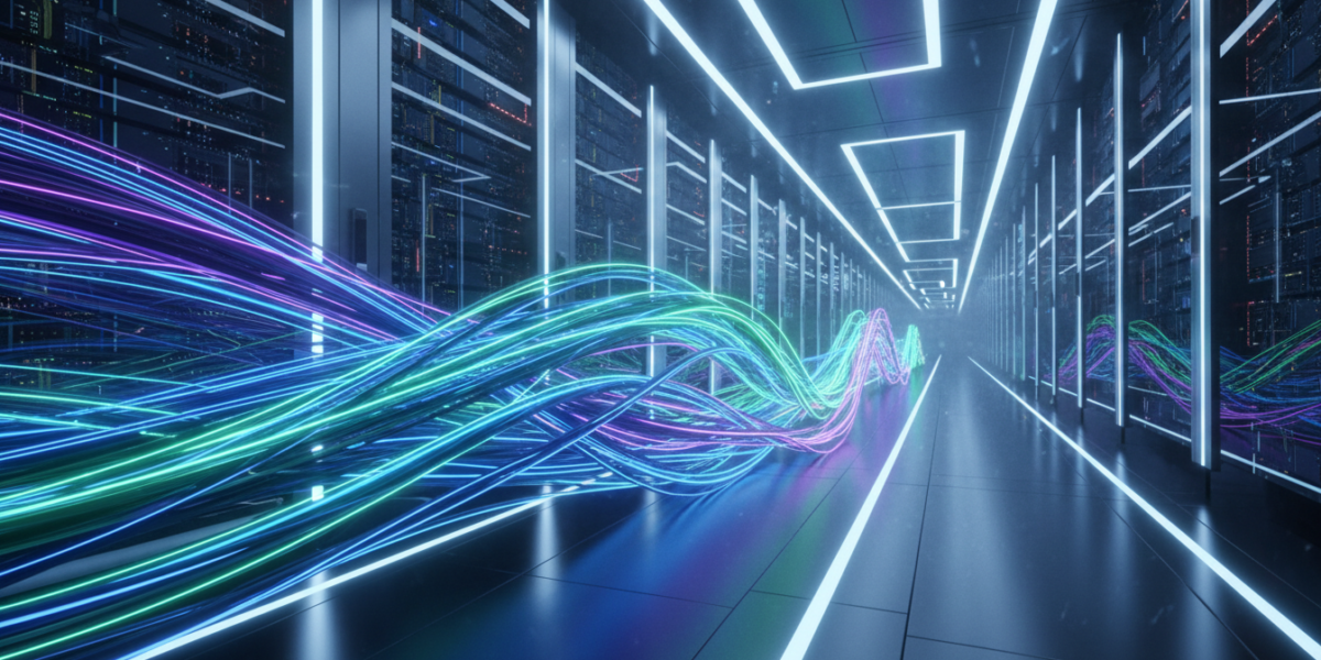 Glowing fiber optic cables representing high-speed data transfer for AI infrastructure.