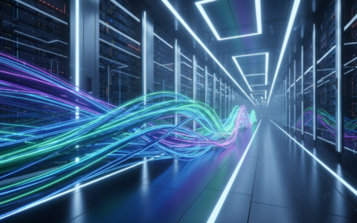 Glowing fiber optic cables representing high-speed data transfer for AI infrastructure.