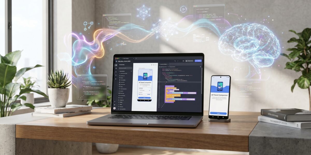 AI app builder interface creating an Android app prototype on laptop and mobile device