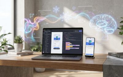 AI app builder interface creating an Android app prototype on laptop and mobile device