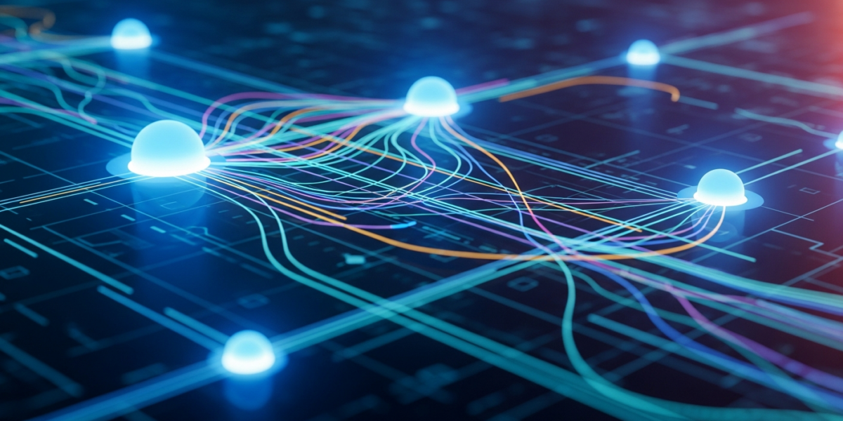 An abstract image showing interconnected AI agents collaborating within a digital network, with glowing nodes and data streams.