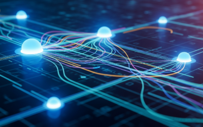 An abstract image showing interconnected AI agents collaborating within a digital network, with glowing nodes and data streams.