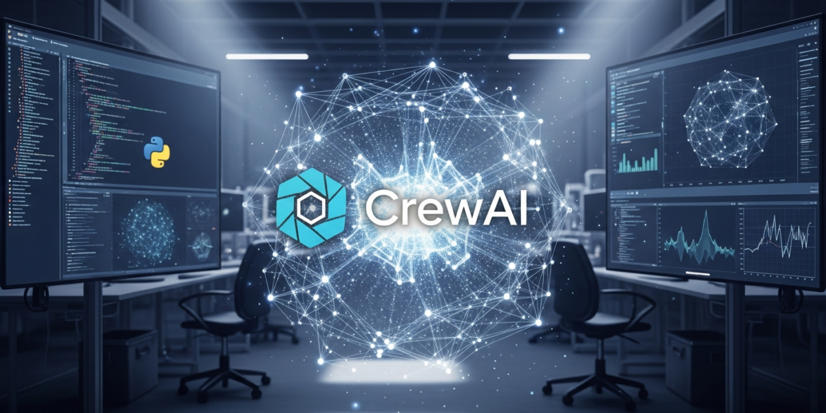 A stylized crewAI logo at the center of an abstract AI agent network in a modern research lab.