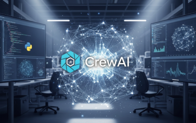 A stylized crewAI logo at the center of an abstract AI agent network in a modern research lab.