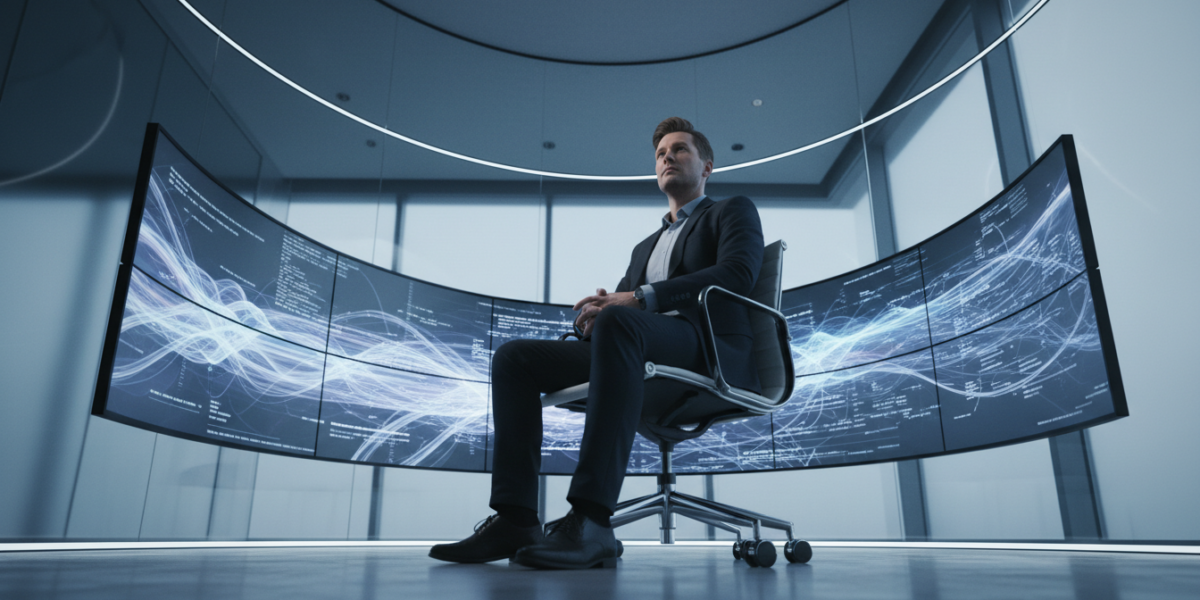 A developer in a supervisory role, thoughtfully overseeing multiple screens representing AI coding agents at work.