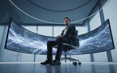 A developer in a supervisory role, thoughtfully overseeing multiple screens representing AI coding agents at work.