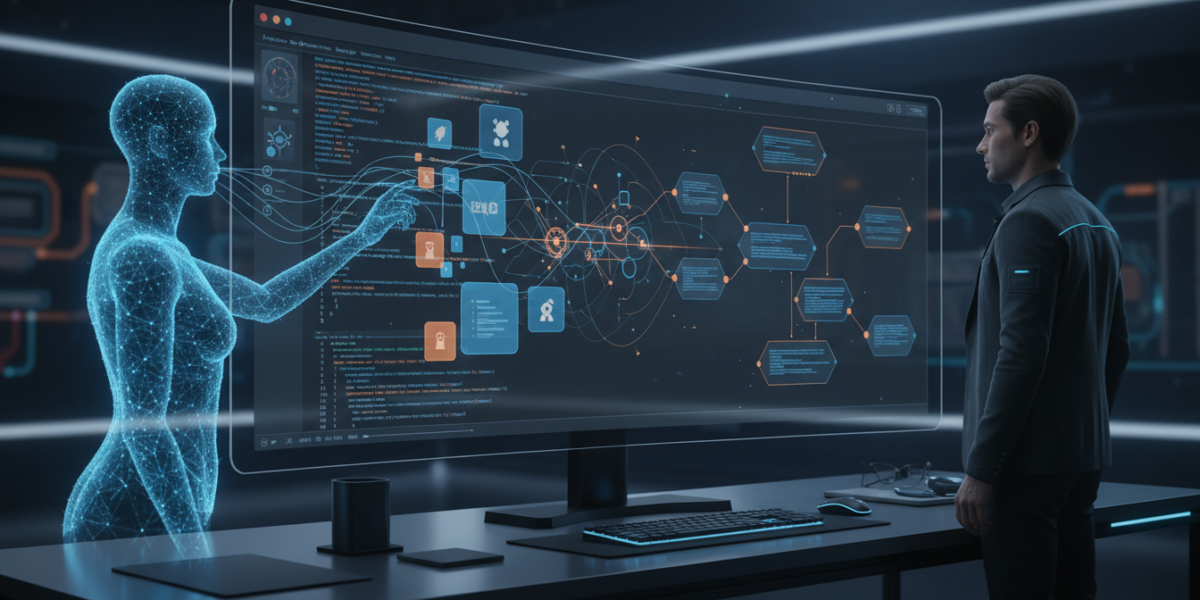 A futuristic representation of the Cursor 3 IDE interface with an AI agent handling coding tasks while a developer reviews a high-level system architecture diagram.