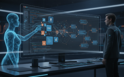A futuristic representation of the Cursor 3 IDE interface with an AI agent handling coding tasks while a developer reviews a high-level system architecture diagram.
