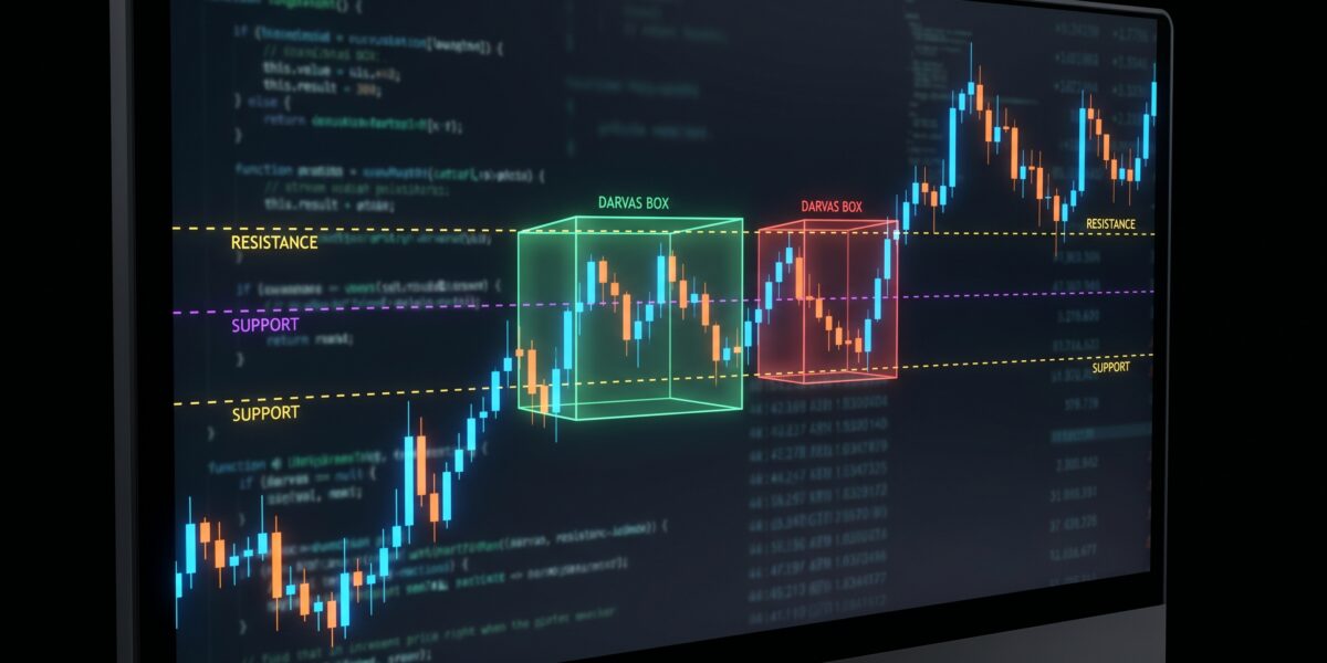 Digital trading chart showing Darvas Box breakout patterns with code and exchange overlay.