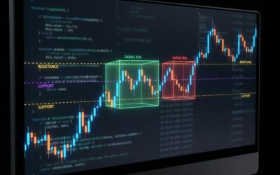 Digital trading chart showing Darvas Box breakout patterns with code and exchange overlay.