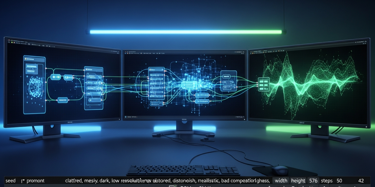 Transformer neural network visualization with data augmentation pathways displayed on research lab monitors