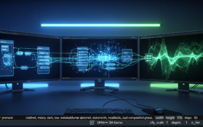 Transformer neural network visualization with data augmentation pathways displayed on research lab monitors