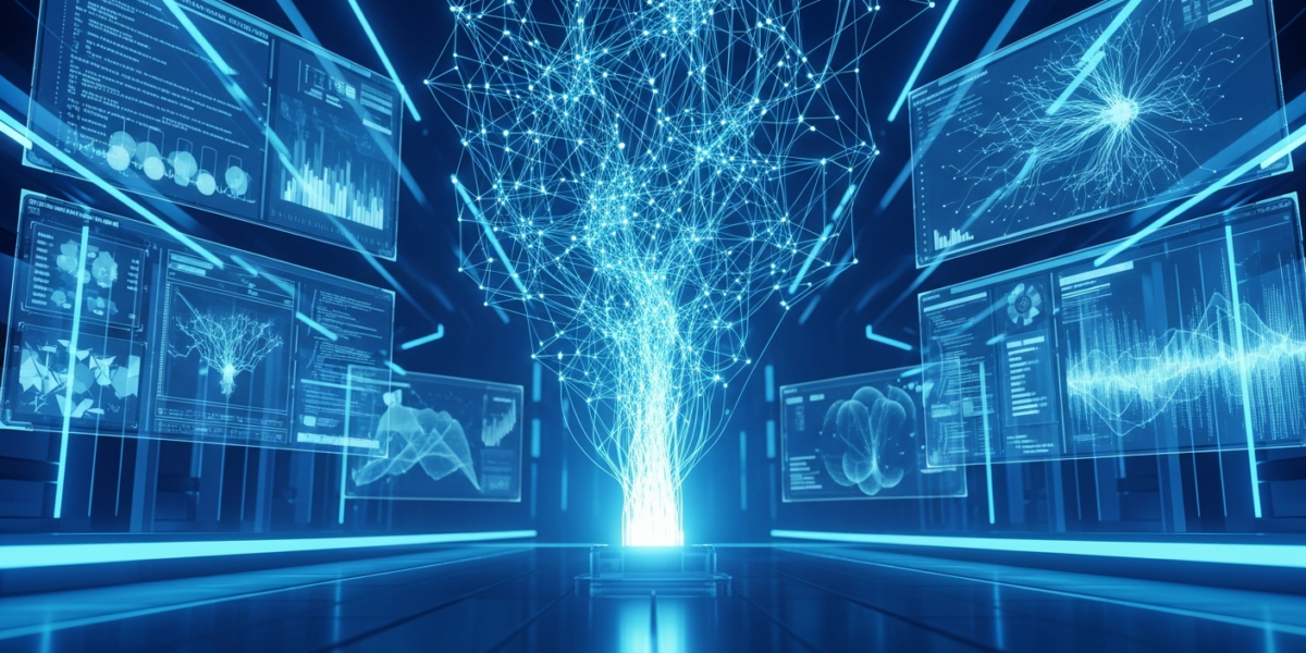 A stylized neural network representing DeepSeek-V4, with data flowing into a central processing unit in a futuristic data center, conveying an analytical and forward-looking mood.