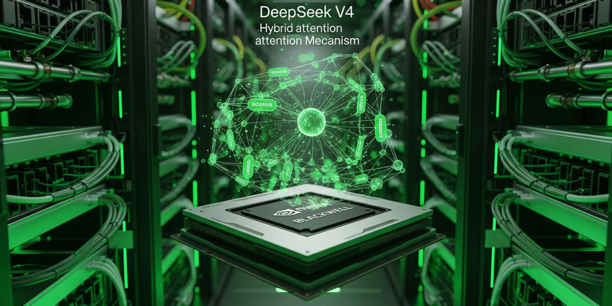 NVIDIA Blackwell GPU chip in a modern data center with holographic DeepSeek V4 neural network visualizations