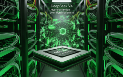 NVIDIA Blackwell GPU chip in a modern data center with holographic DeepSeek V4 neural network visualizations