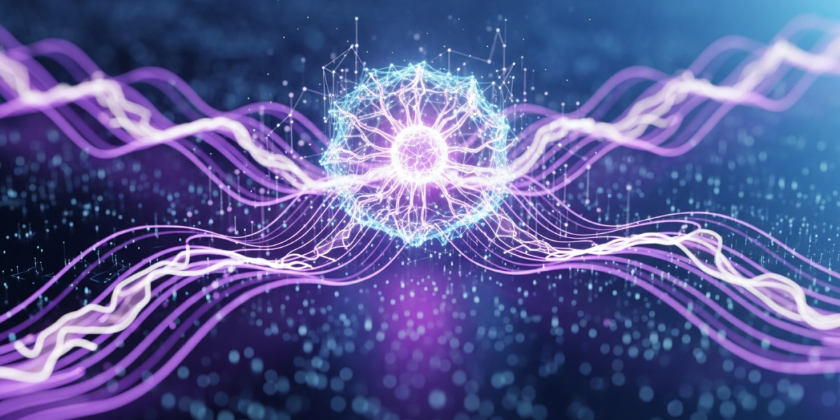 A futuristic image of a glowing neural network representing DeepSeek-V4 Pro, with data streams in Together AI's brand color, symbolizing advanced AI processing.