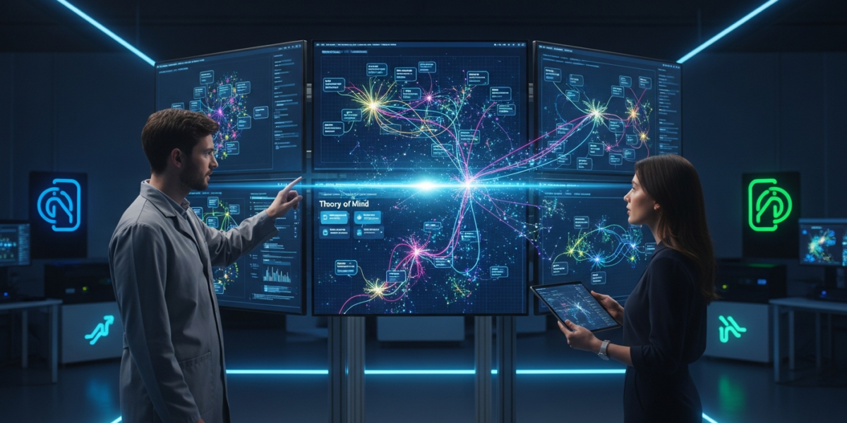 Neural network visualization showing dialogue flow patterns on research displays in an AI laboratory