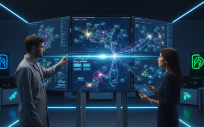 Neural network visualization showing dialogue flow patterns on research displays in an AI laboratory