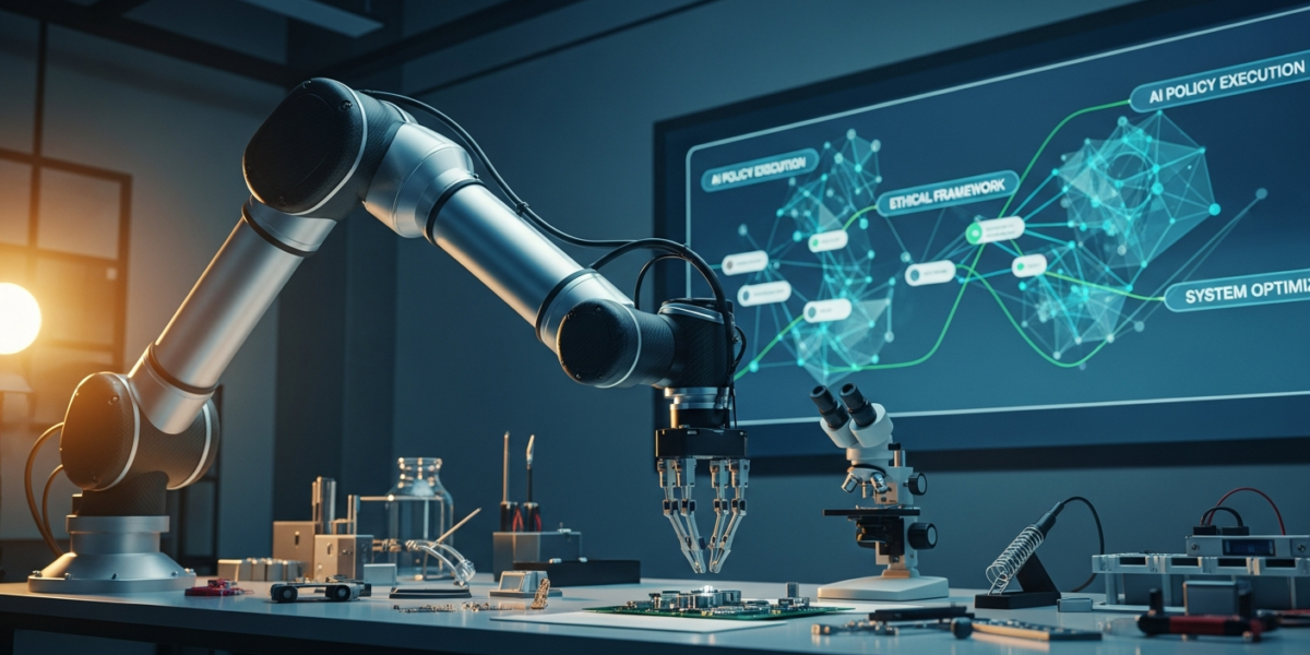 A robotic arm performs a dynamic manipulation task in a modern research lab, with data visualizations on a large display in the background.
