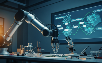 A robotic arm performs a dynamic manipulation task in a modern research lab, with data visualizations on a large display in the background.