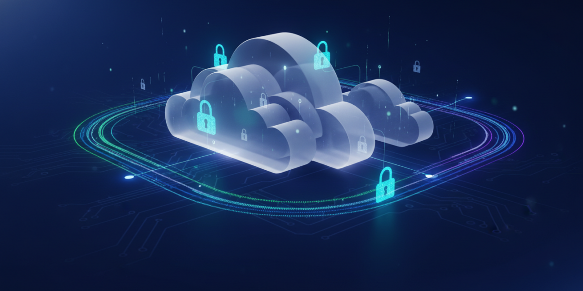 Abstract representation of secure serverless cloud infrastructure and data flow