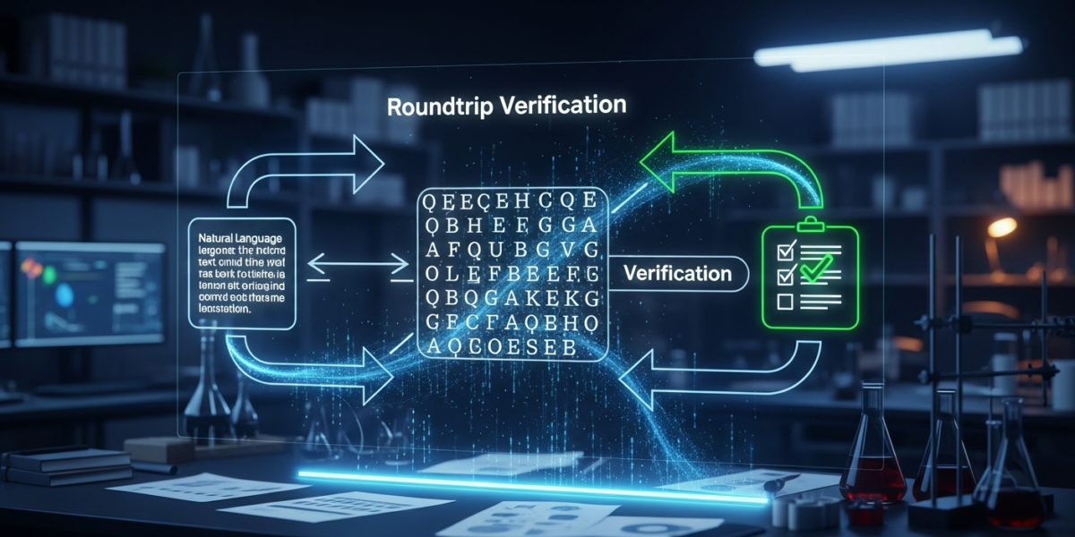 A conceptual diagram showing the roundtrip verification process for LLM autoformalization, with natural language converting to formal logic and back, displayed on a screen in a modern research lab.