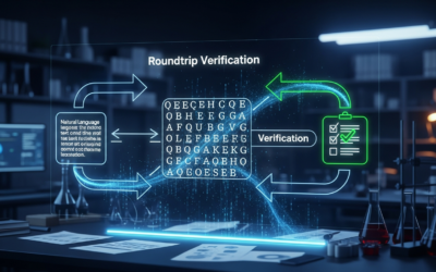 A conceptual diagram showing the roundtrip verification process for LLM autoformalization, with natural language converting to formal logic and back, displayed on a screen in a modern research lab.