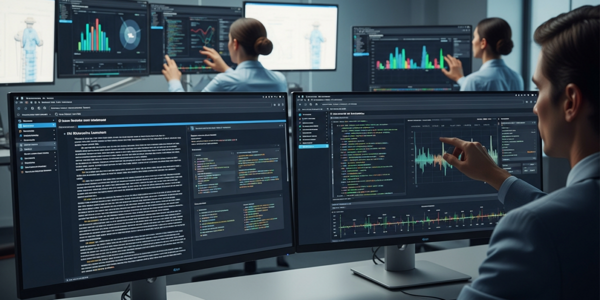 Healthcare informatics lab showing FHIR data serialization formats on multiple computer monitors