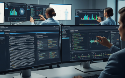 Healthcare informatics lab showing FHIR data serialization formats on multiple computer monitors