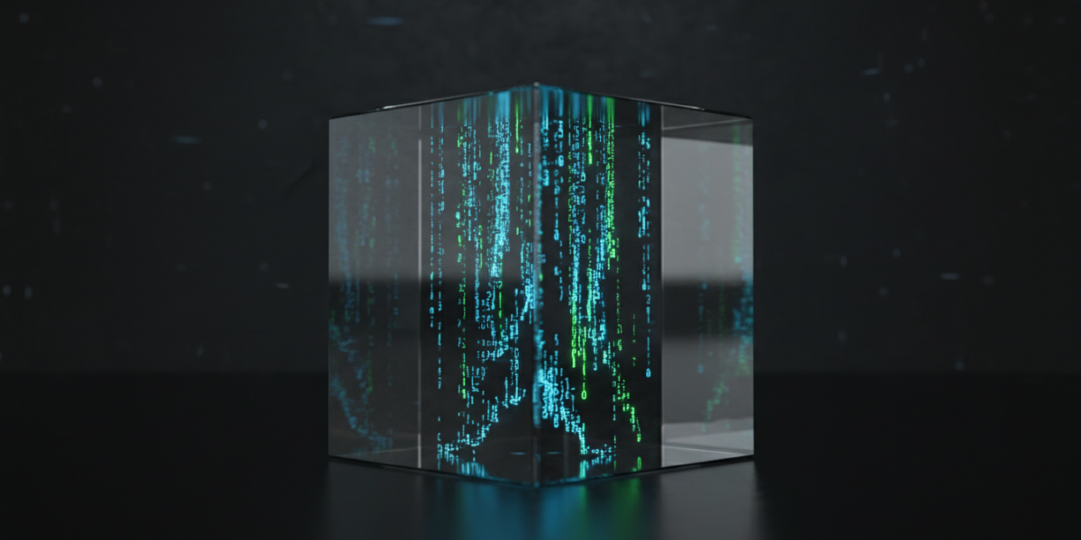 A transparent, secure sandbox containing glowing lines of code, representing an isolated environment for AI-generated code.