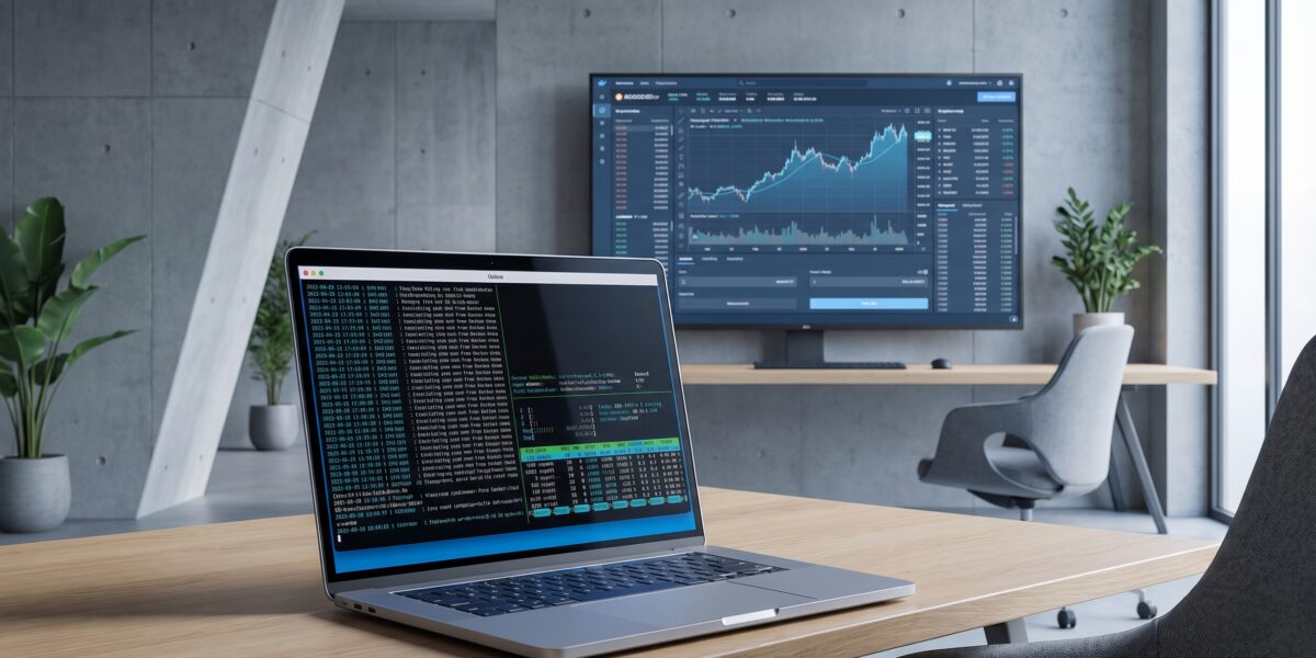 Docker containers running Freqtrade trading bot with cryptocurrency charts in the background