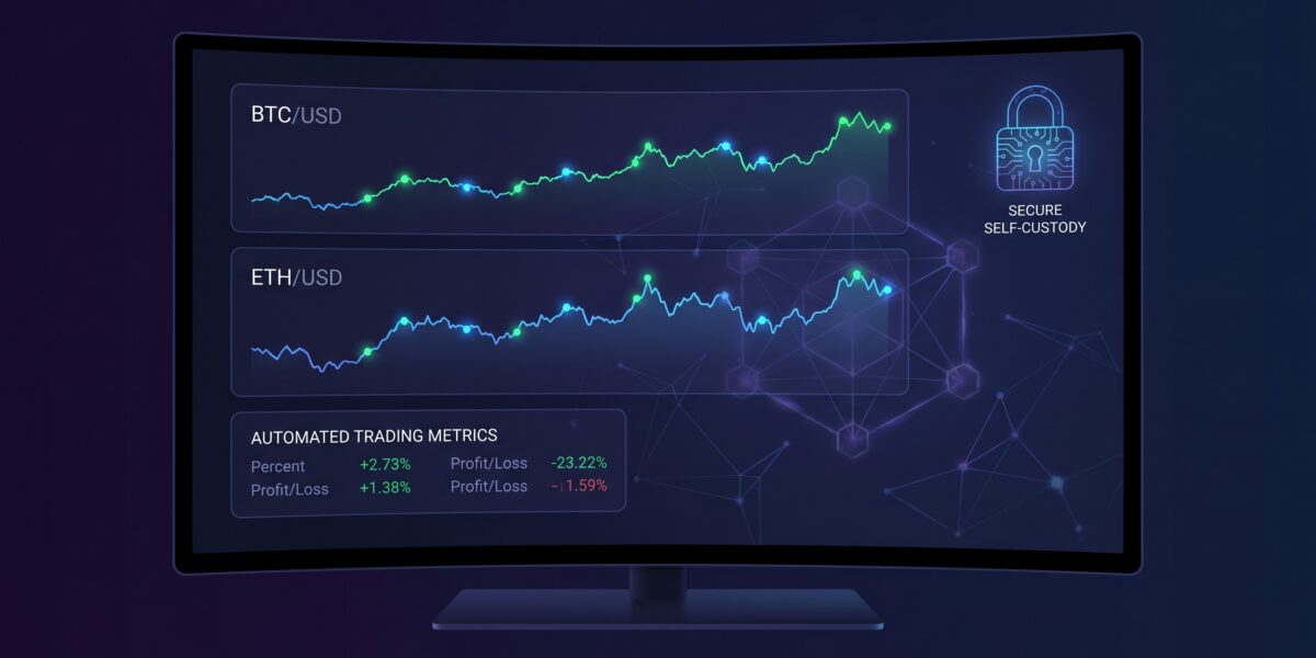 Automated trading dashboard with cryptocurrency charts and blockchain security features