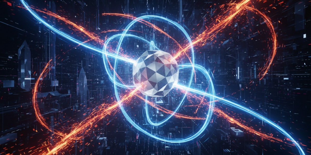 Abstract visualization of AI-powered spam defense with dynamic data streams and protective barriers.