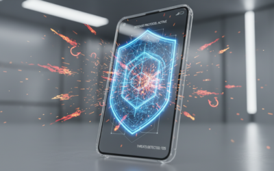A conceptual image showing AI-powered defensive algorithms protecting a smartphone from digital threats.