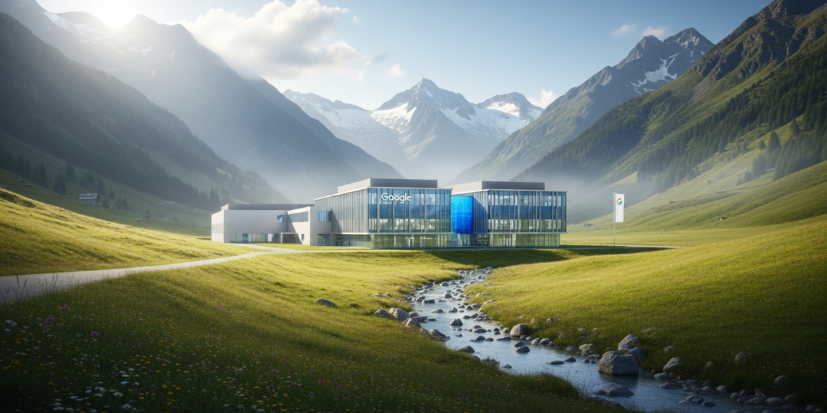 Modern data center facility in Austrian alpine valley with mountains in background