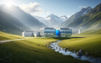 Modern data center facility in Austrian alpine valley with mountains in background