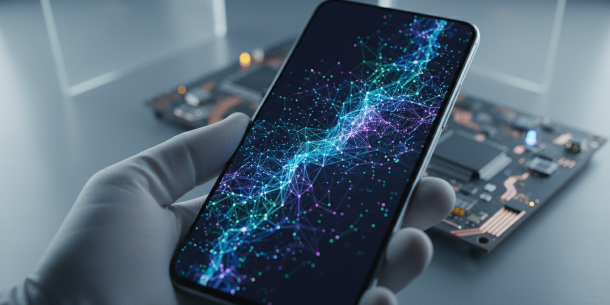 Smartphone displaying AI neural network interface representing Gemma 4 on-device AI capabilities