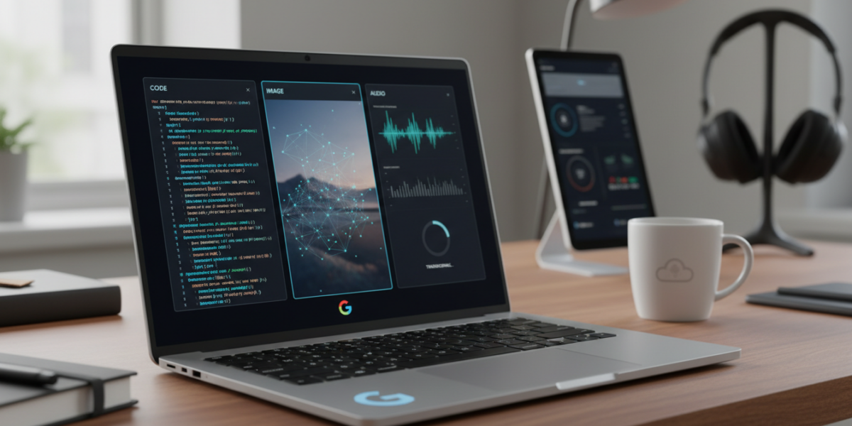 Laptop displaying Gemma 4 AI interface processing multiple data types in a professional workspace